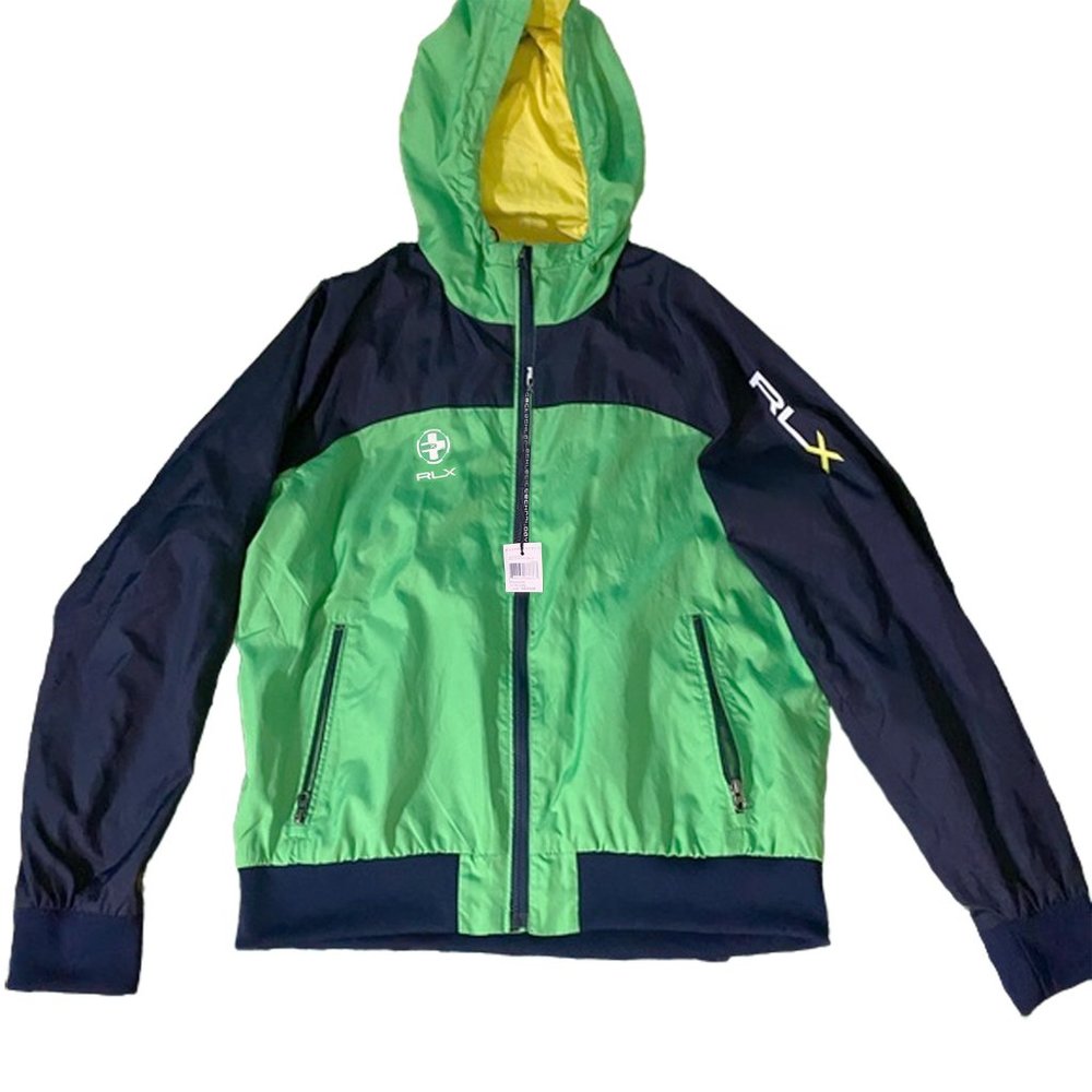 NEW! RLX Ralph Lauren Athletic Track Jacket! Green & Navy Mesh Lined Hood
